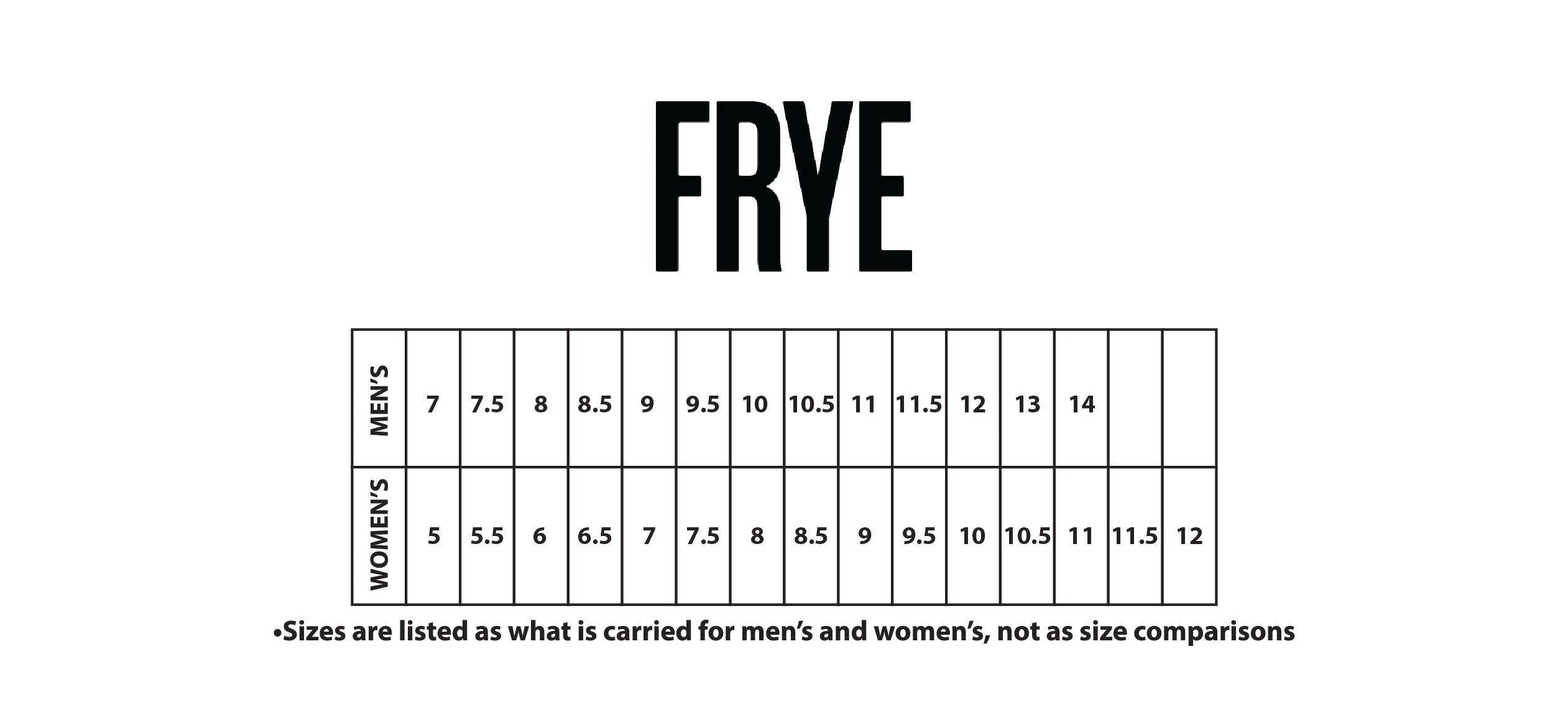 FRYE FOOTWEAR SIZE CHART
