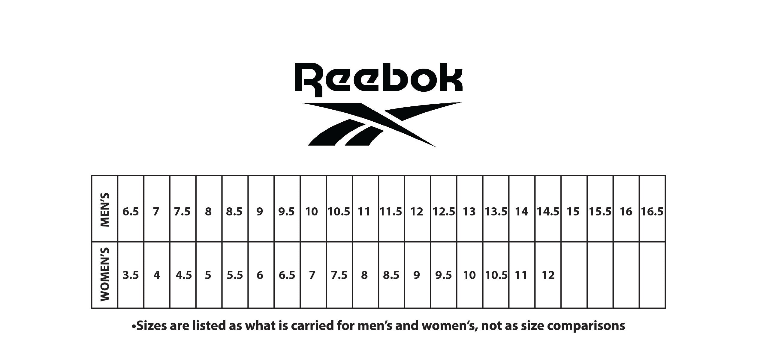 REEBOK FOOTWEAR SIZE CHART